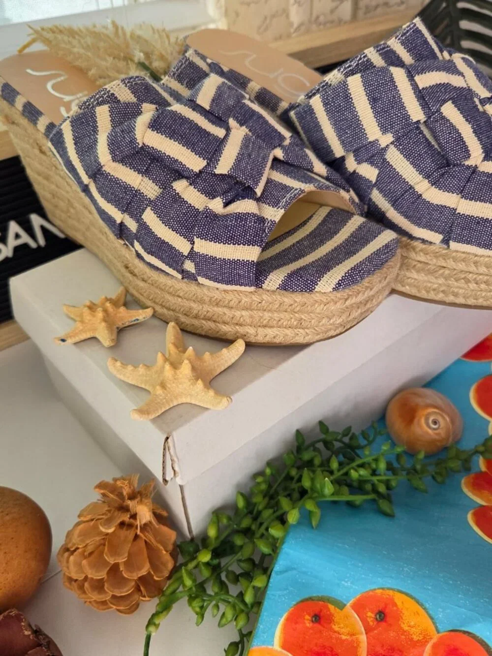 Sugar I Wedge Jute, Canvas Twist Blue and White/Cream Stripe Wedge Sandals 8.5